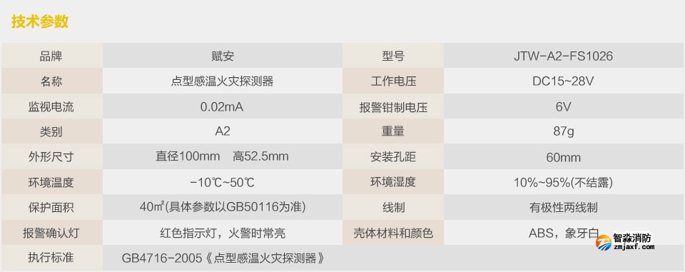 賦安JTW-A2-FS1026點(diǎn)型感溫火災(zāi)探測(cè)器 技術(shù)參數(shù)